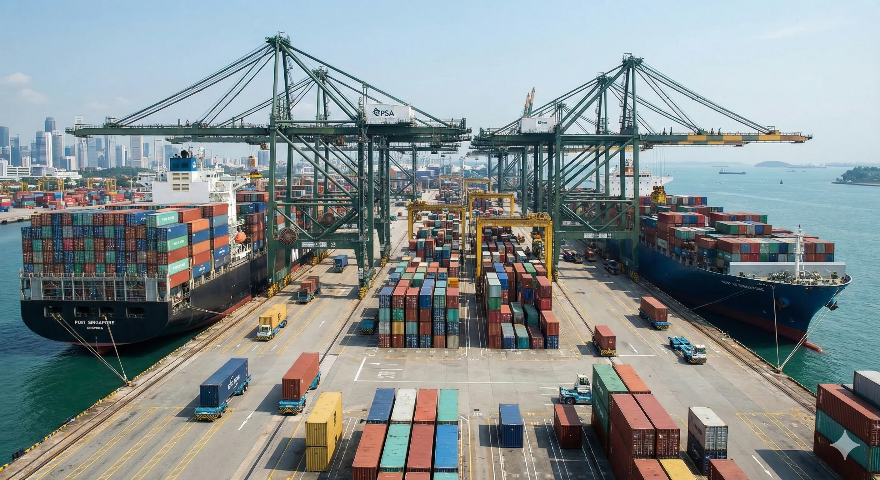 新加坡PSA港口繁忙的集装箱作业景象