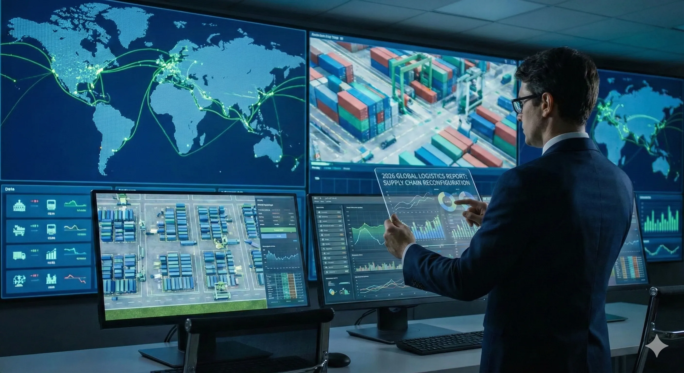 2026亚马逊FBA头程物流全链路可视化图，展示全球供应链重构、海运空运航线及AWD自动化仓储布局