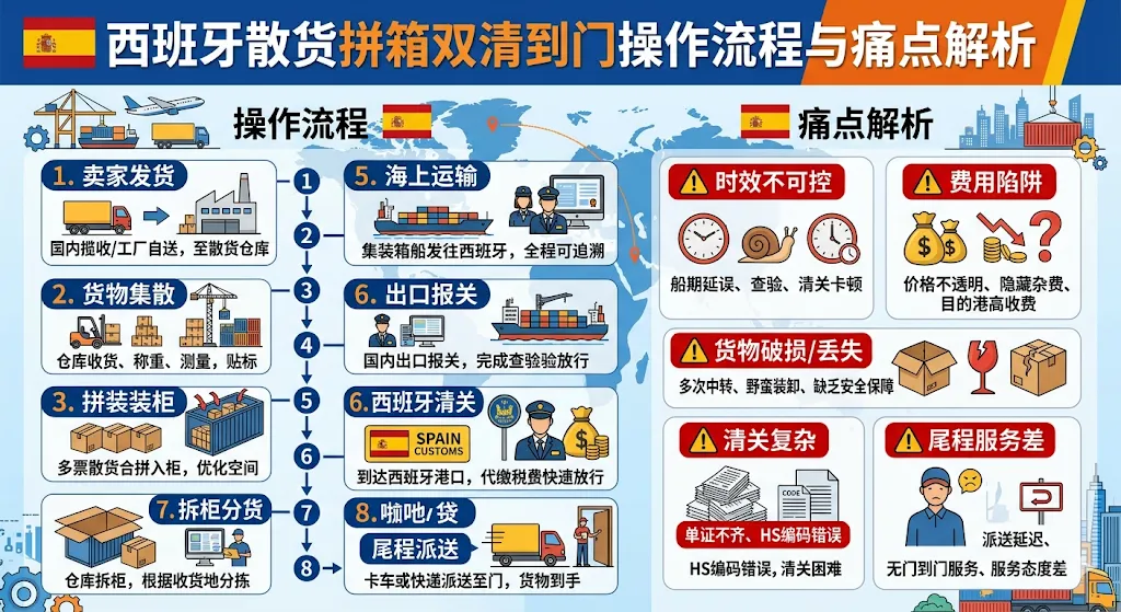 西班牙散货拼箱双清到门操作流程与痛点解析