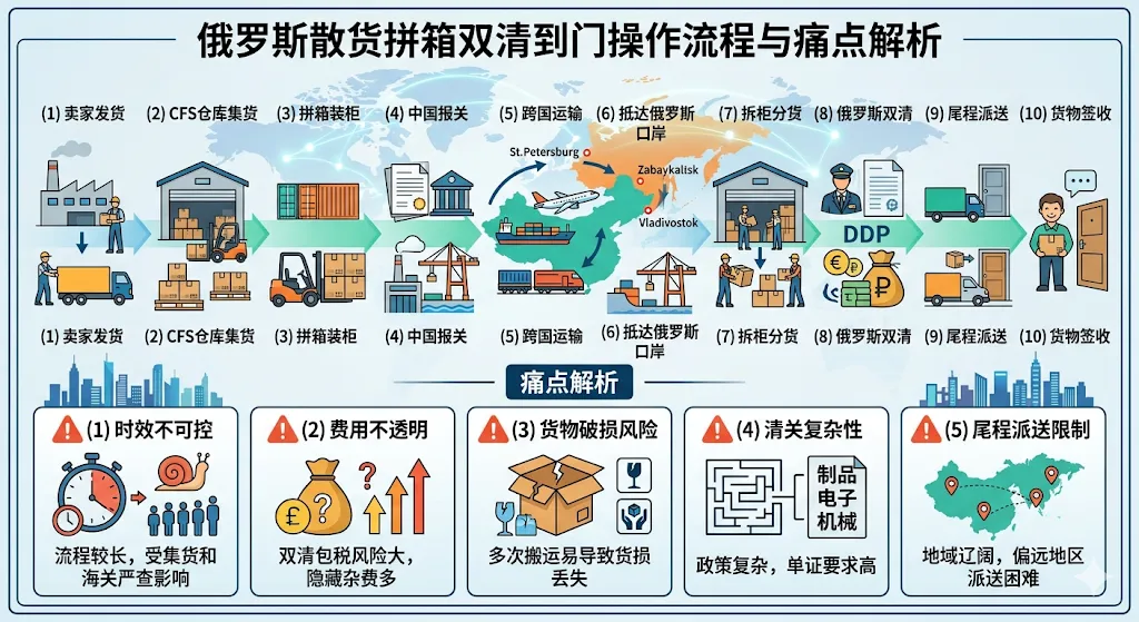 俄罗斯散货拼箱双清到门操作流程与痛点解析