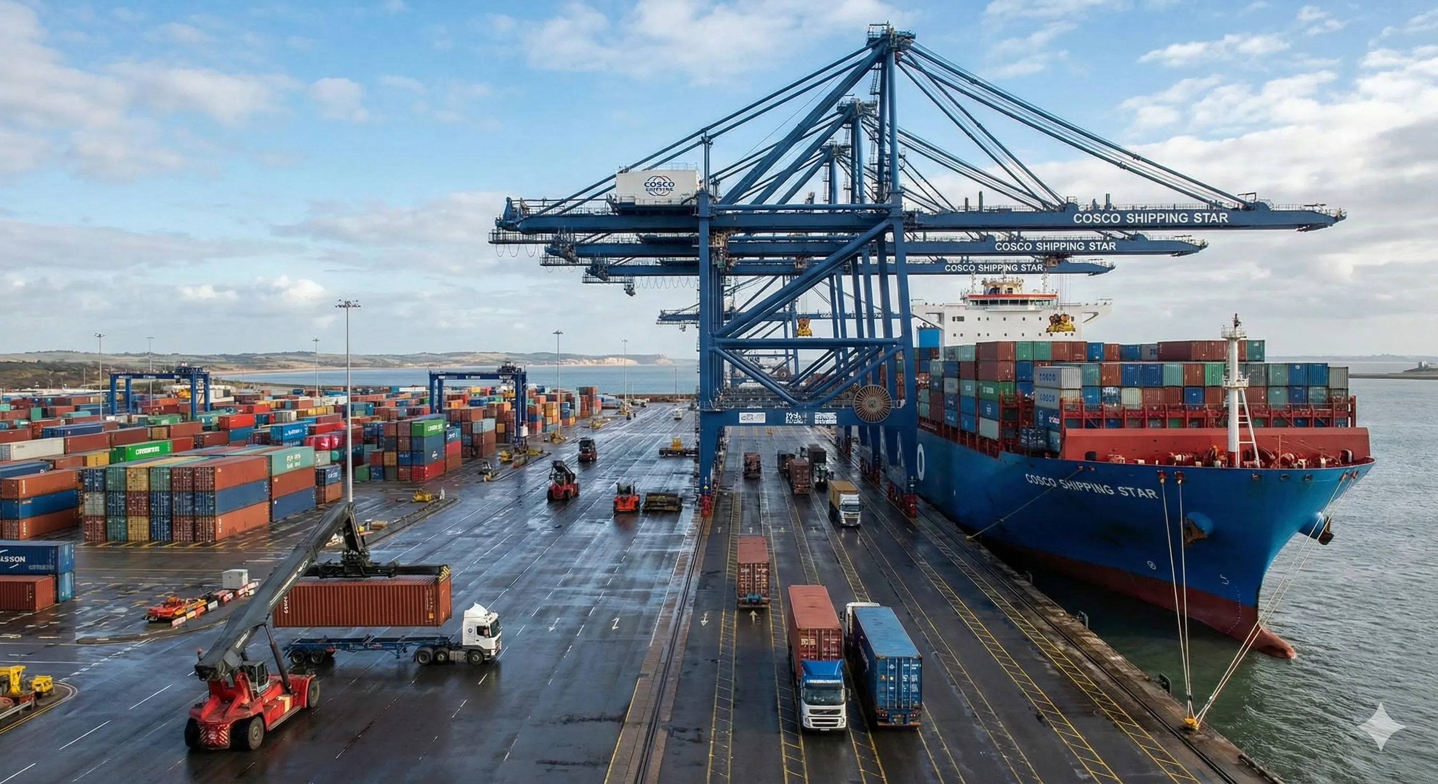 英国费利克斯托港集装箱卸货现场