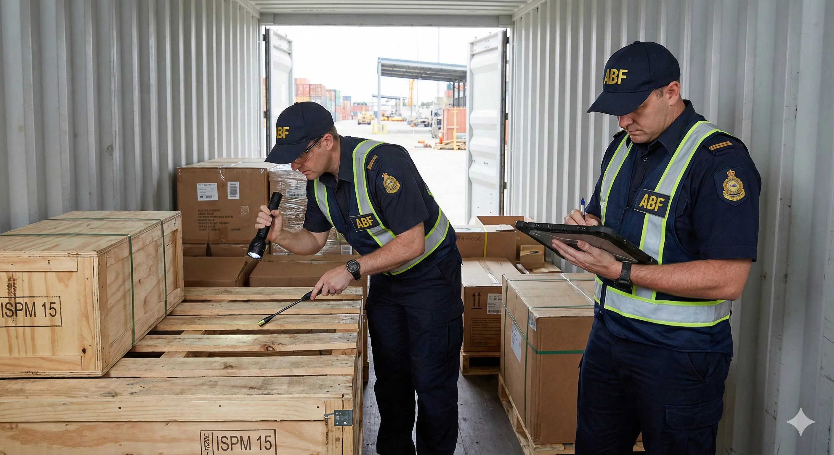 澳洲边境执法局ABF官员正在检查集装箱内的木质包装