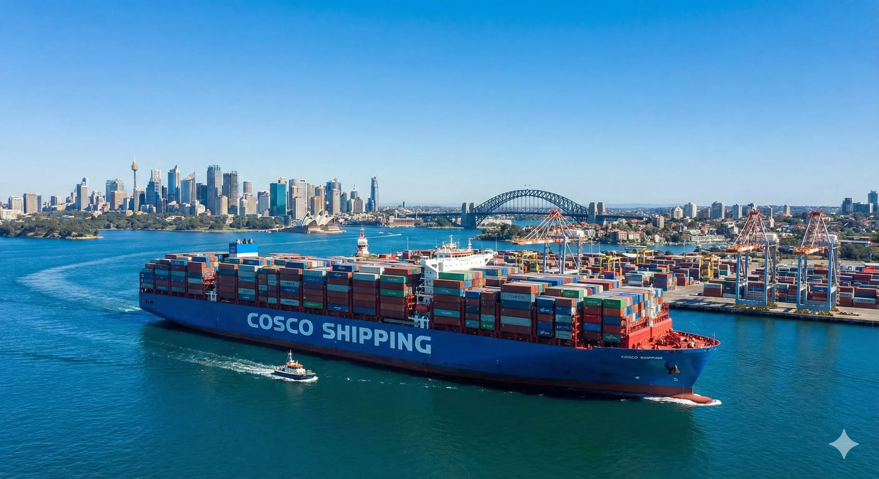 COSCO集装箱船驶入悉尼植物学湾(Port Botany)准备卸货