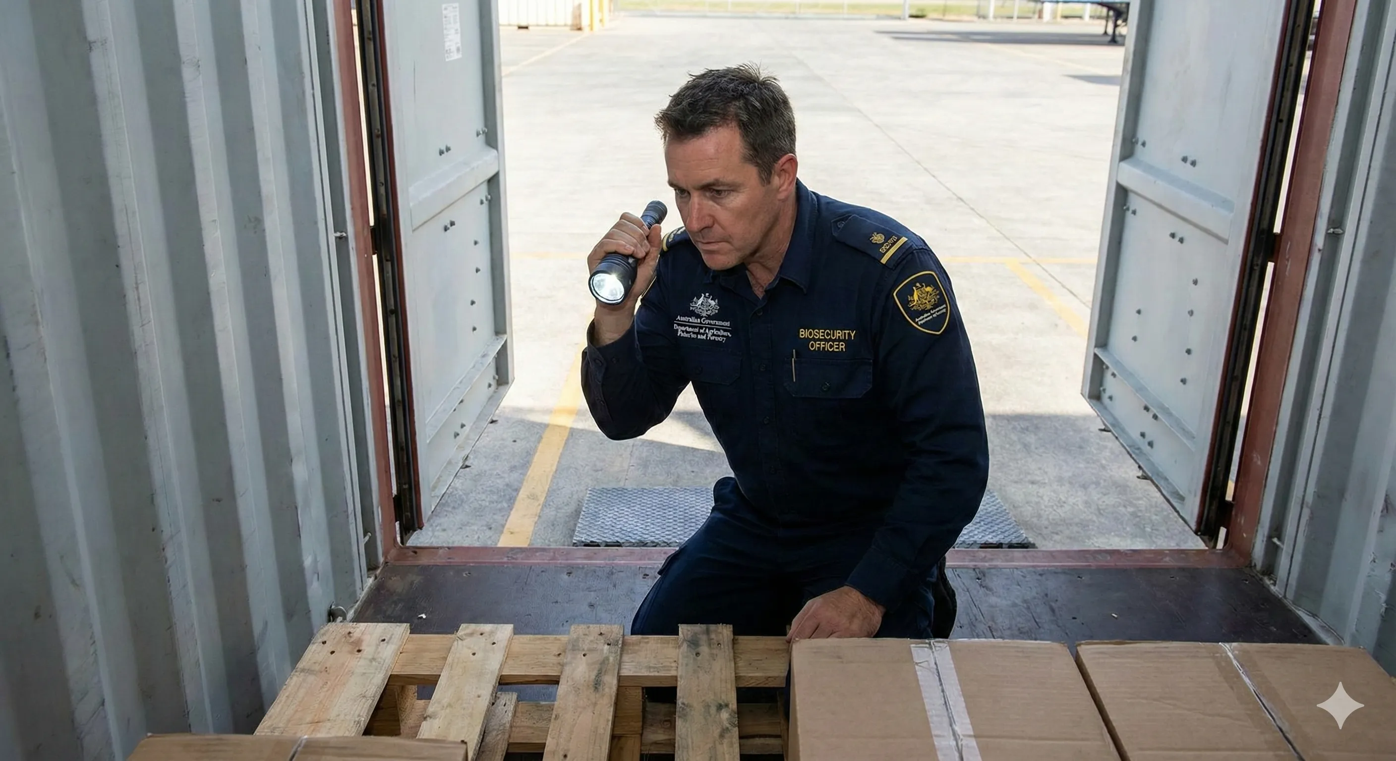 澳洲生物安全官员(Biosecurity Officer)正在使用手电筒检查集装箱内部的角落