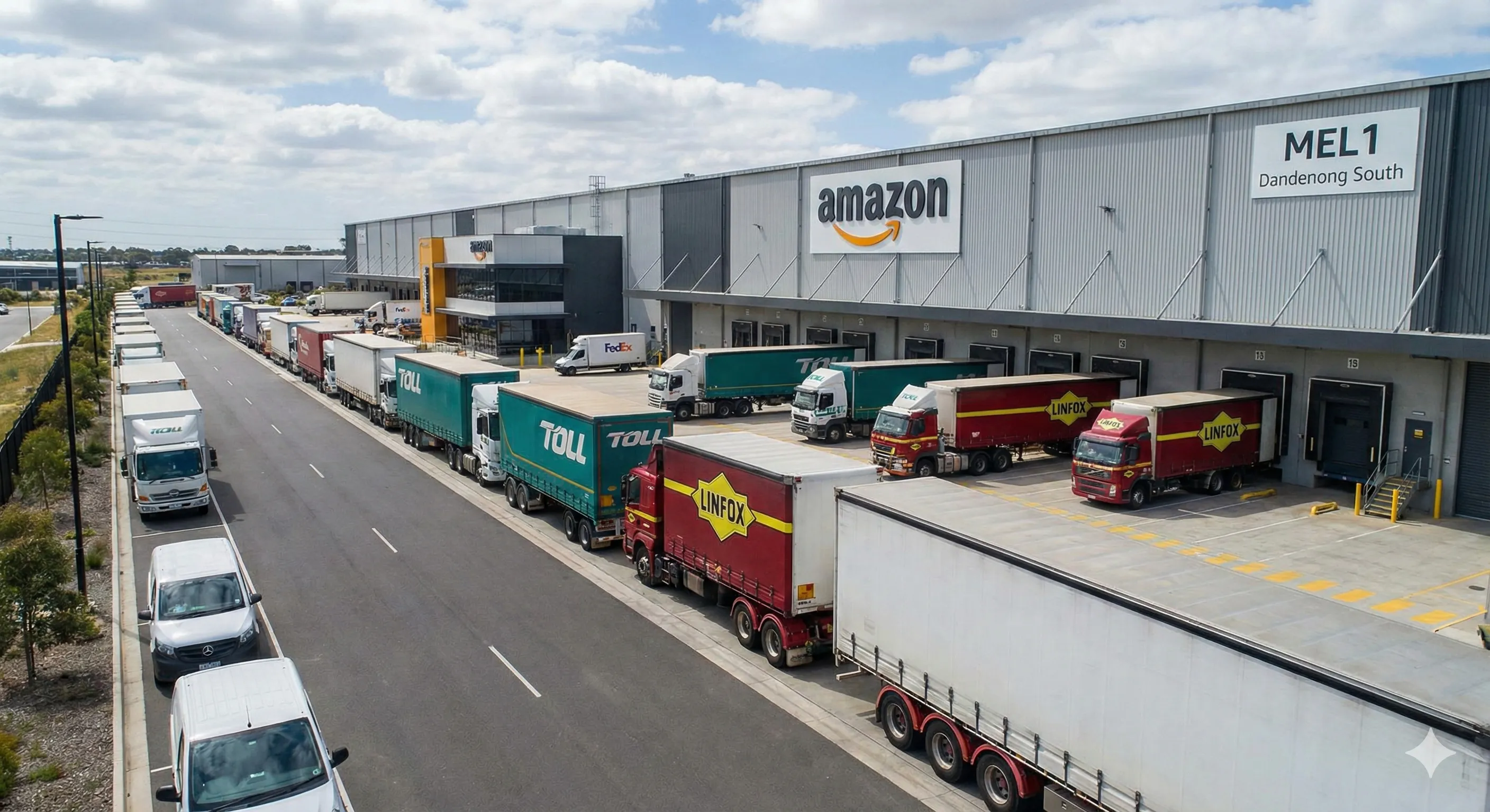 卡车正在墨尔本MEL1亚马逊仓库排队等待卸货