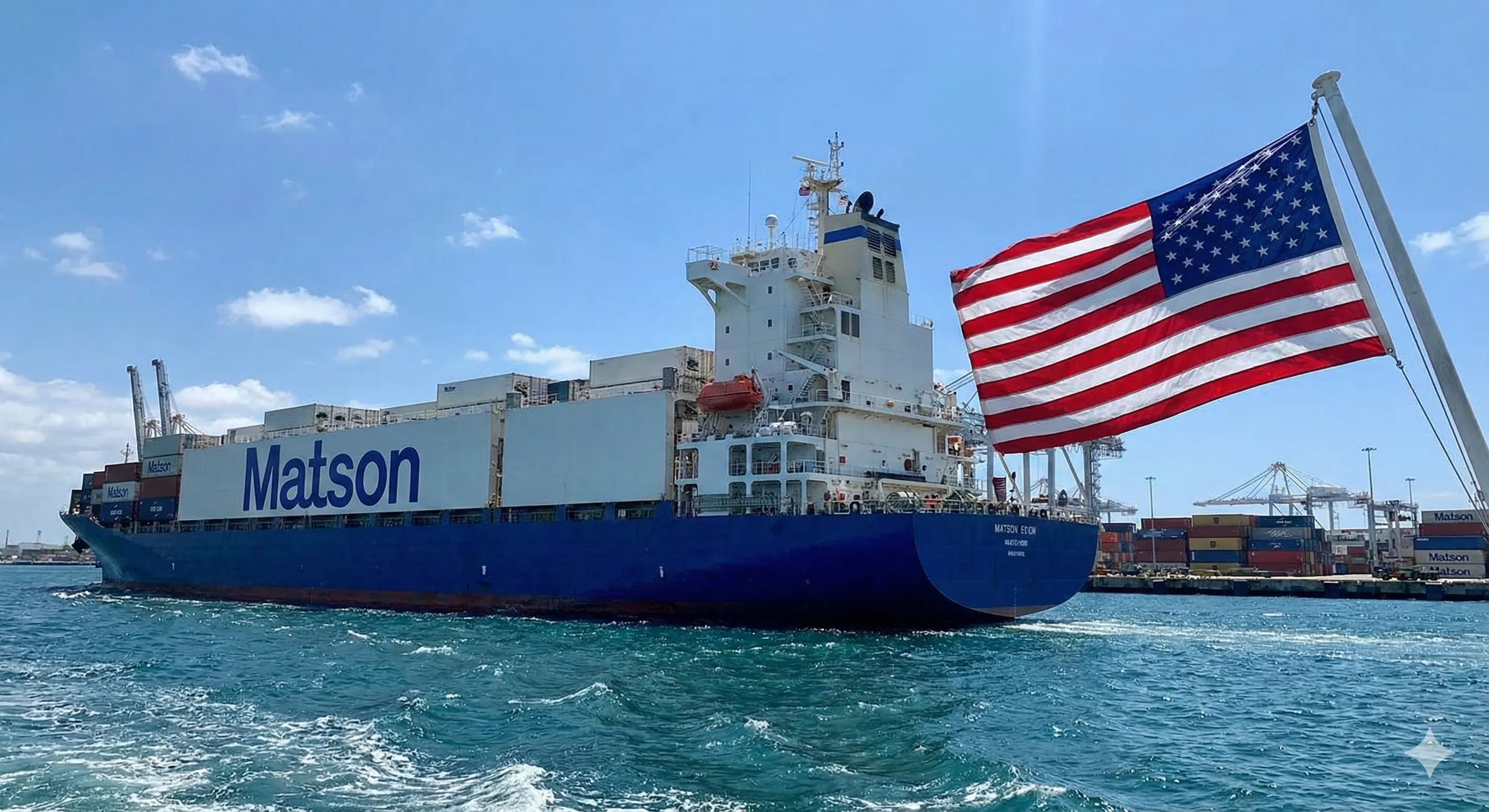 美国国旗飘扬在美森Matson集装箱船上，象征琼斯法案的保护主义
