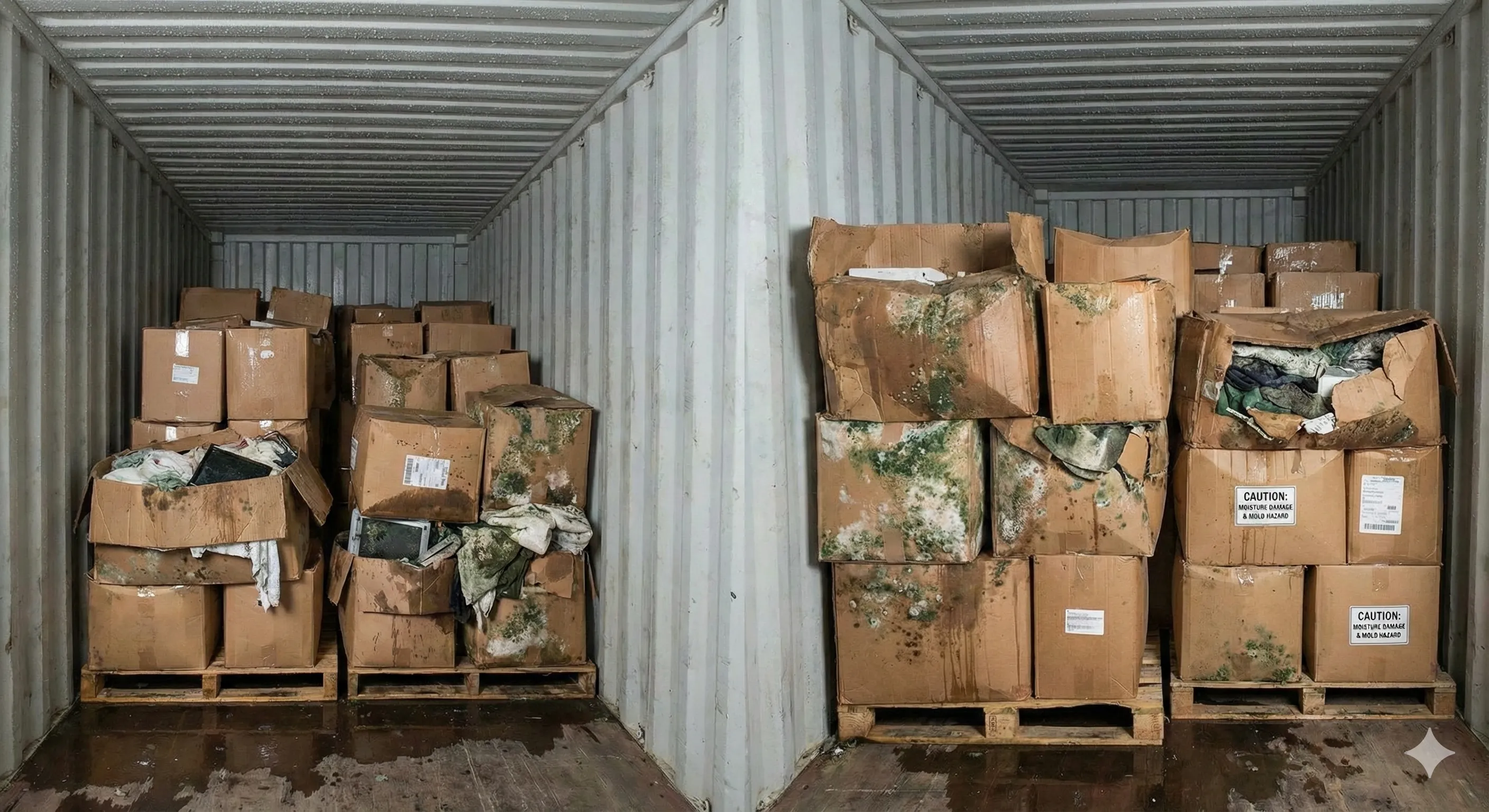 集装箱内部受潮导致纸箱发霉的警示图