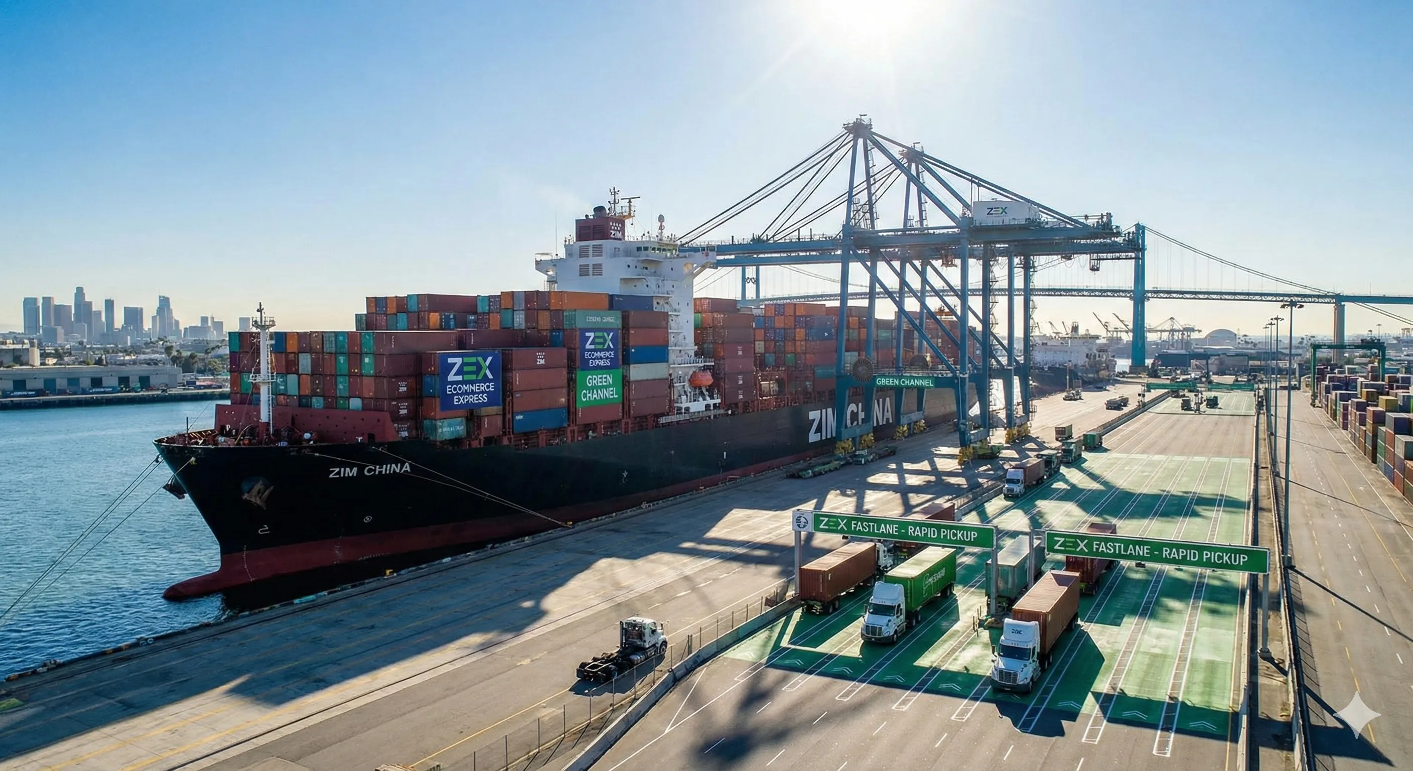 以星ZIM集装箱船在洛杉矶港作业全景，展示ZEX电商专线绿色通道与快速提柜流程