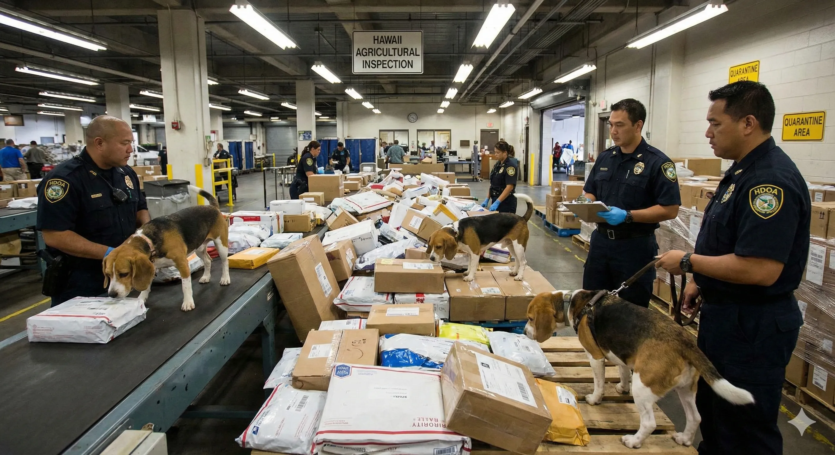 夏威夷农业部(HDOA)官员带着检疫犬在机场检查入境包裹