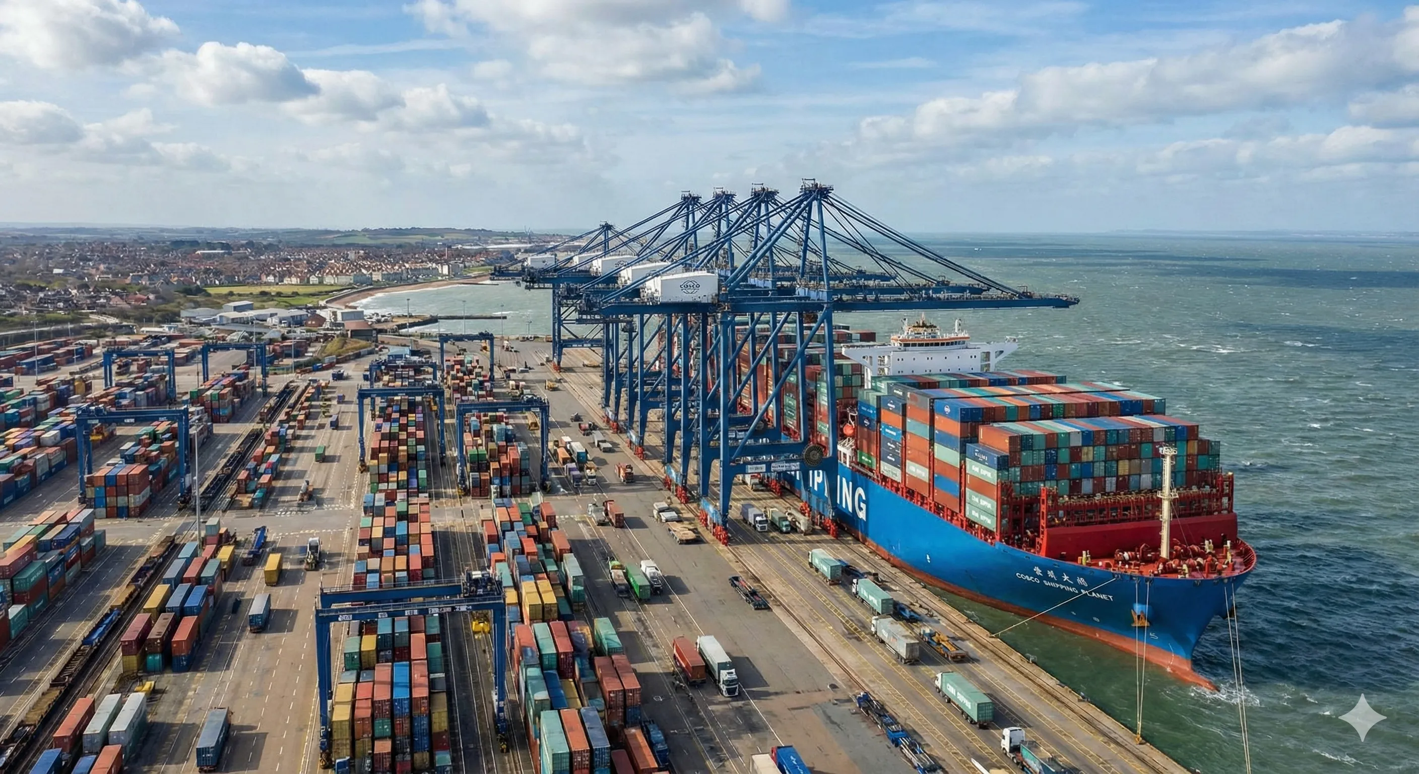 英国最大的集装箱港口费利克斯托Felixstowe正在卸载来自中国的货轮