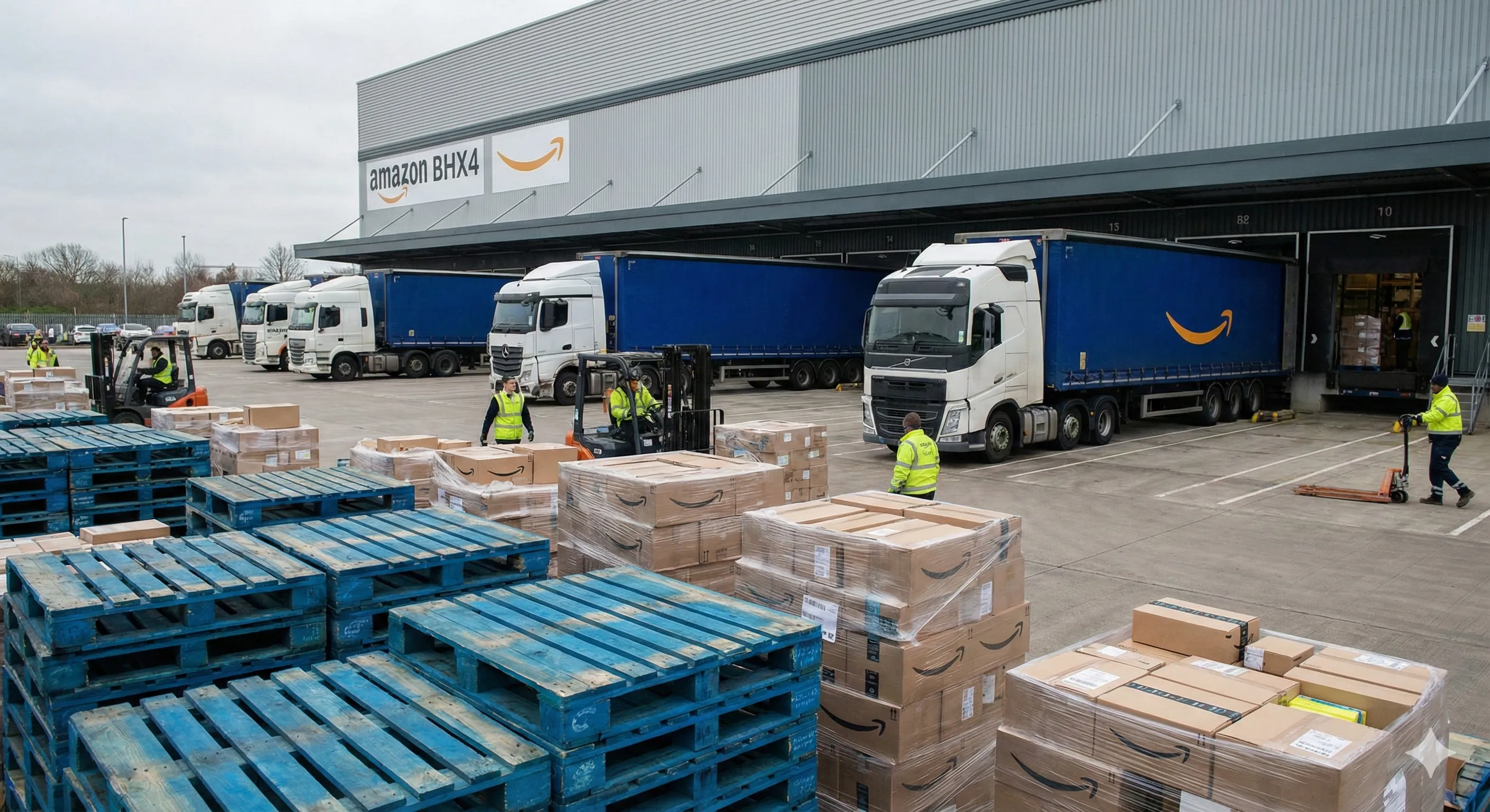 亚马逊英国BHX4考文垂运营中心繁忙的卸货月台与标准UK托盘