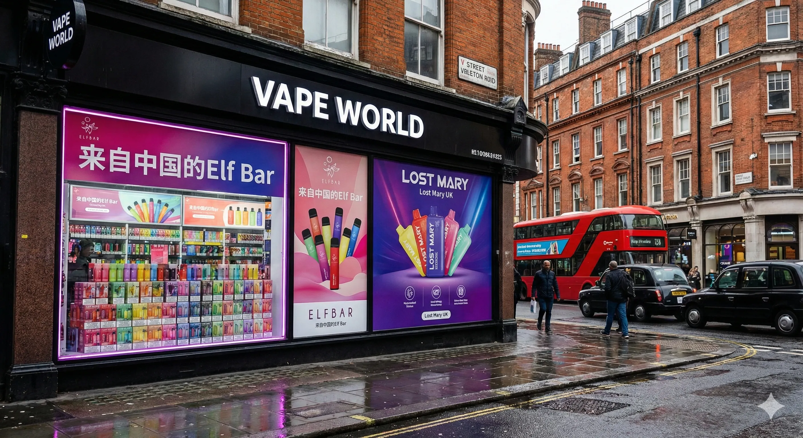 伦敦街头的电子烟专卖店展示着来自中国的Elf Bar和Lost Mary等品牌