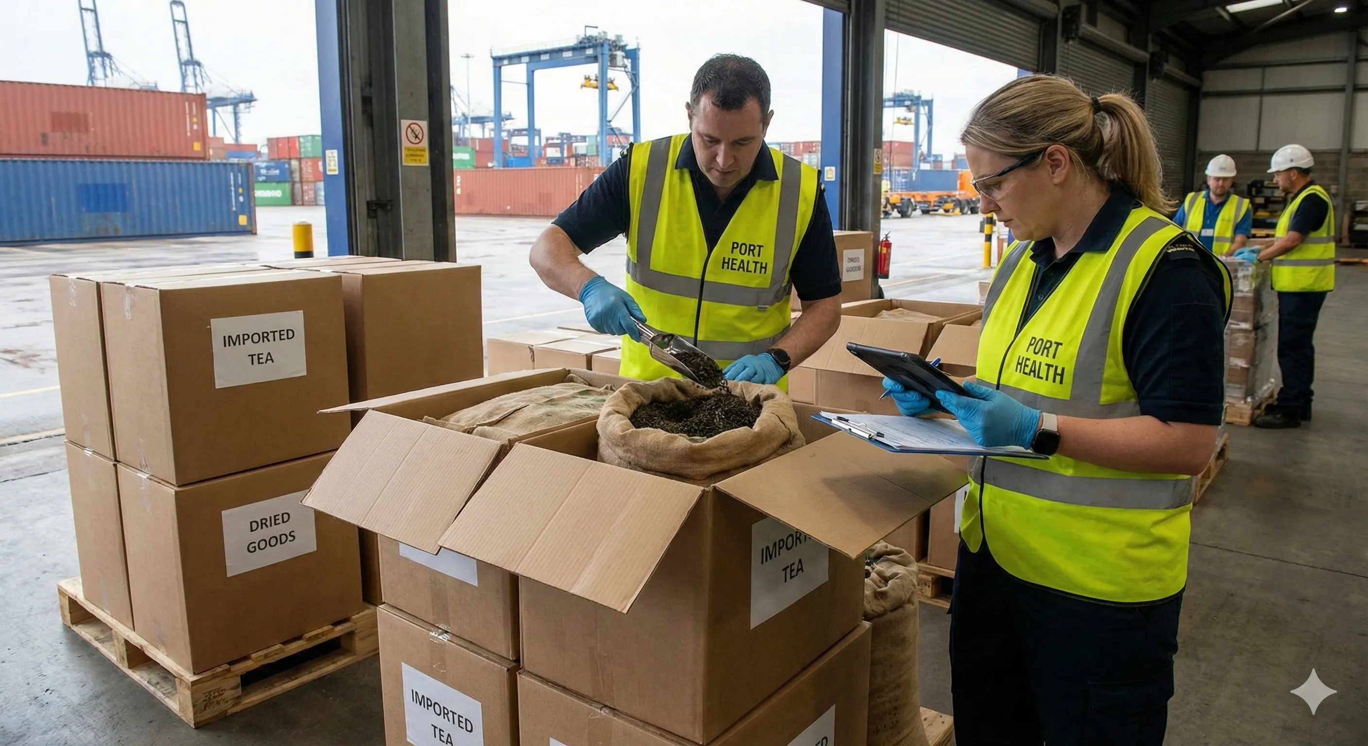 英国费利克斯托港口的Port Health官员正在对进口茶叶和干货进行取样检测