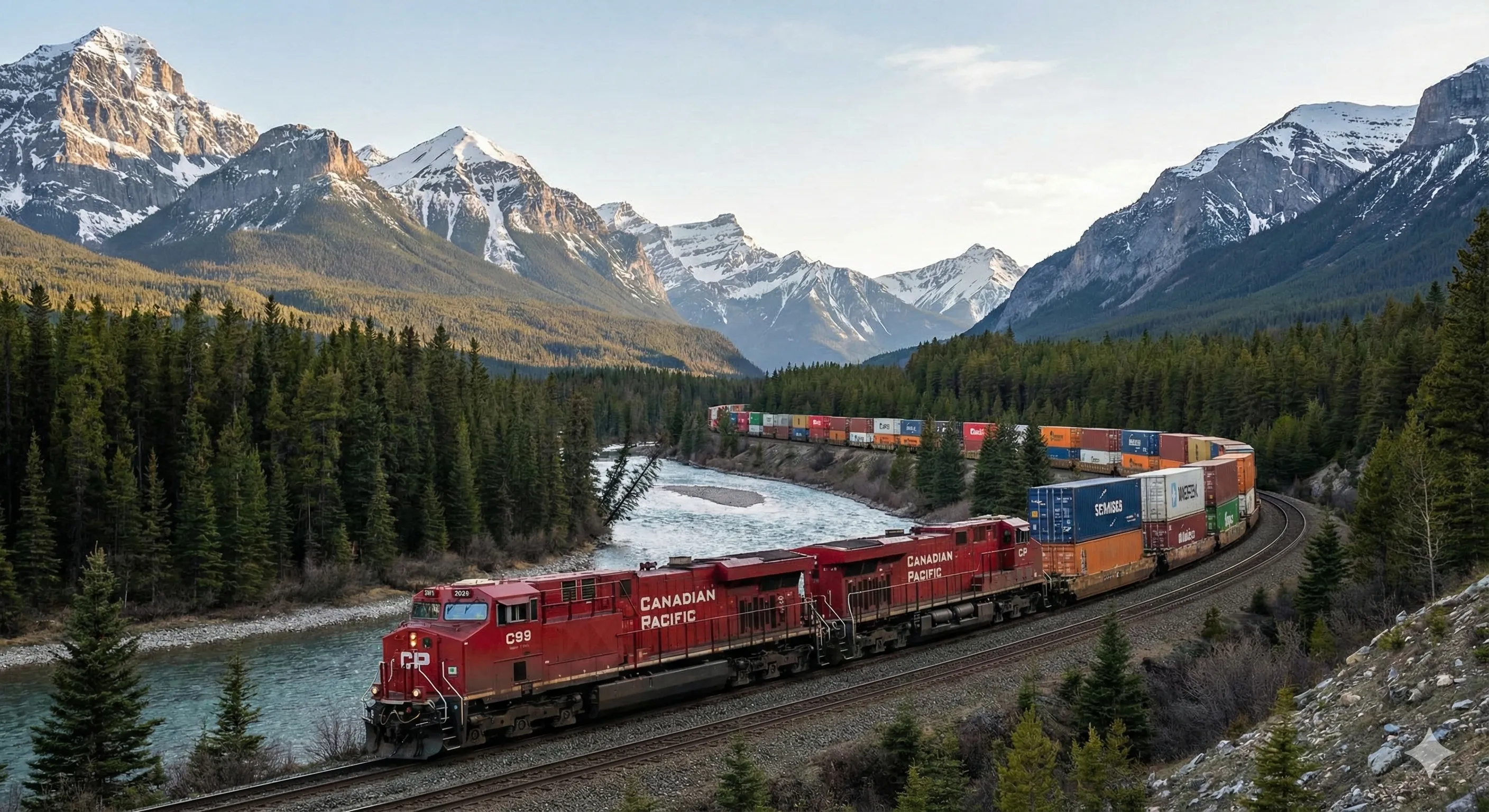 加拿大太平洋铁路(CP Rail)列车运载集装箱穿越落基山脉