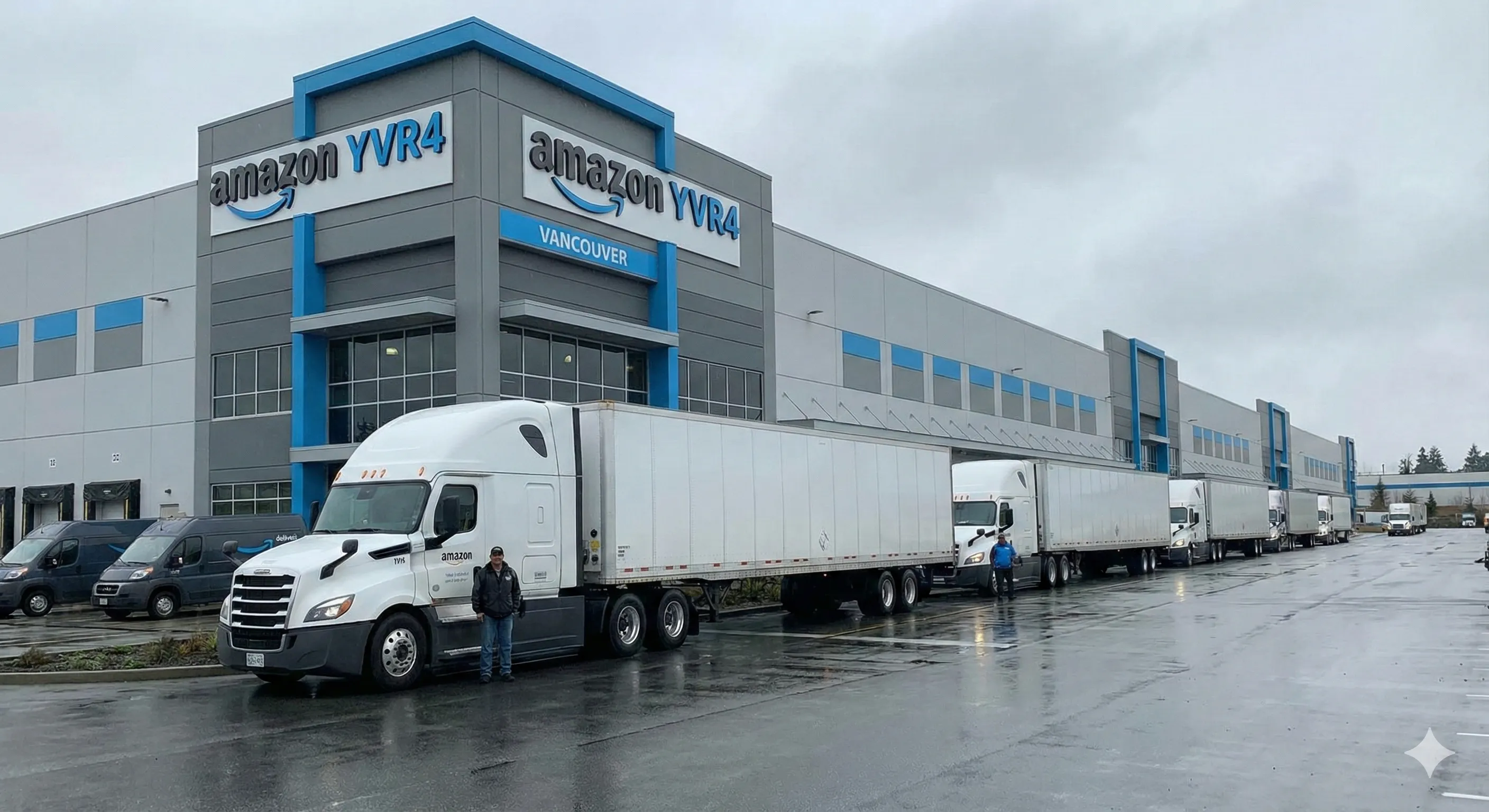 亚马逊加拿大温哥华YVR4仓库卡车等待卸货