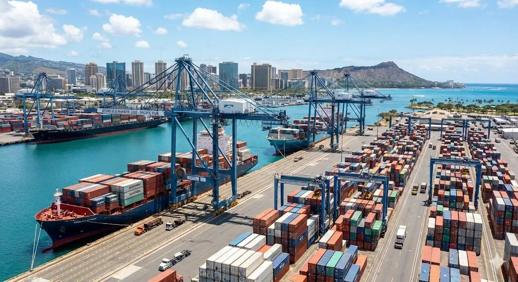 美国夏威夷火奴鲁鲁港口繁忙的集装箱装卸作业