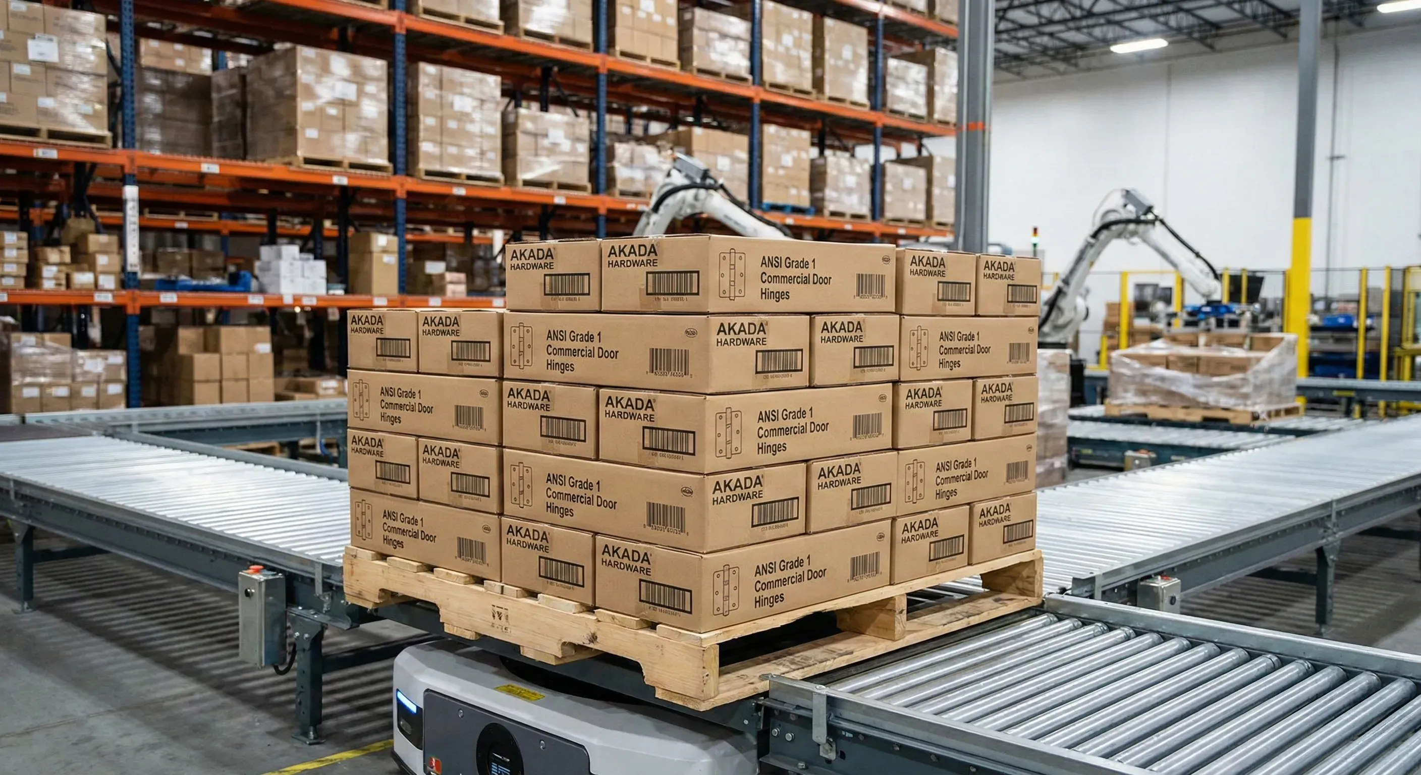 自动化仓储中正在处理的高标准建筑五金托盘，展示B2B供应链的严谨性