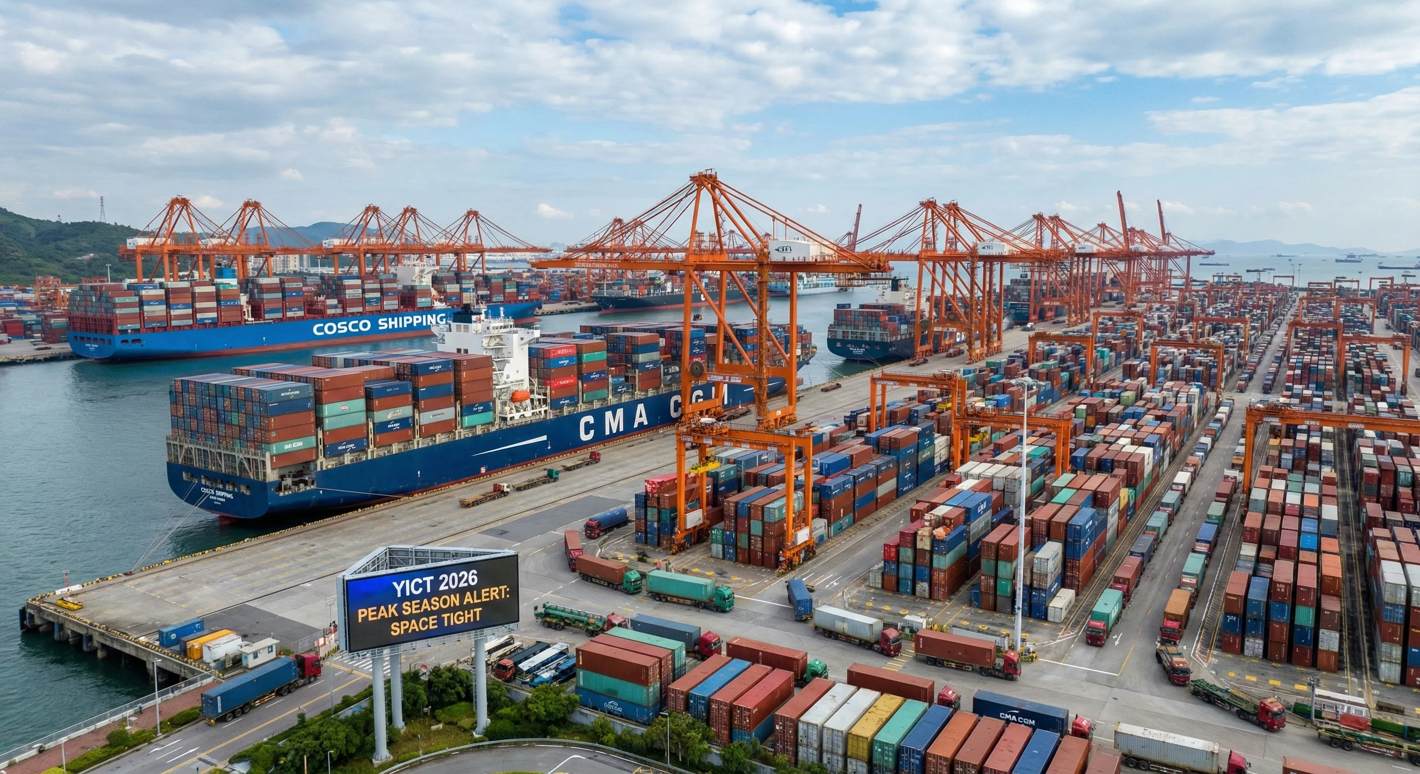 繁忙的盐田港集装箱码头，展示2026年海运旺季舱位紧张的现状