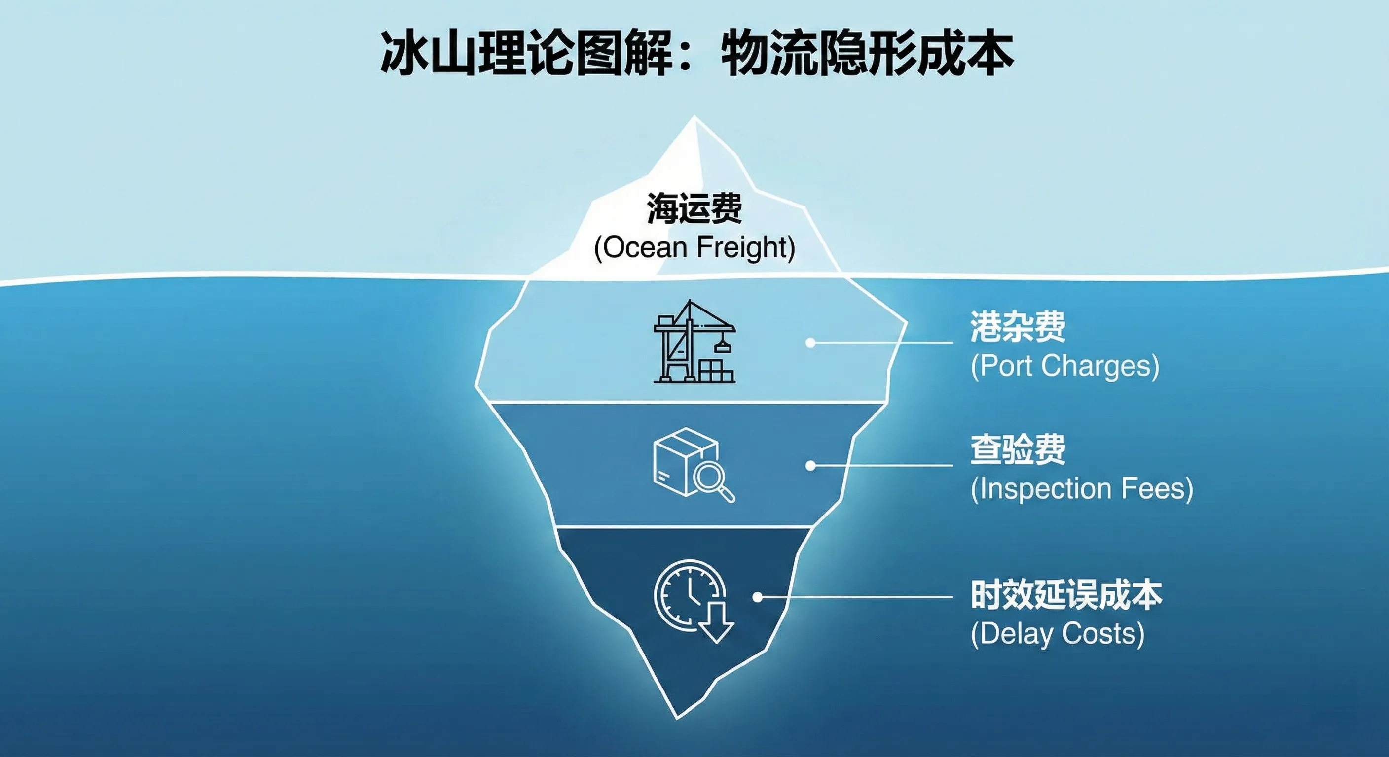 冰山理论图解：海运费只是冰山一角，水下隐藏着港杂费、查验费和时效延误成本