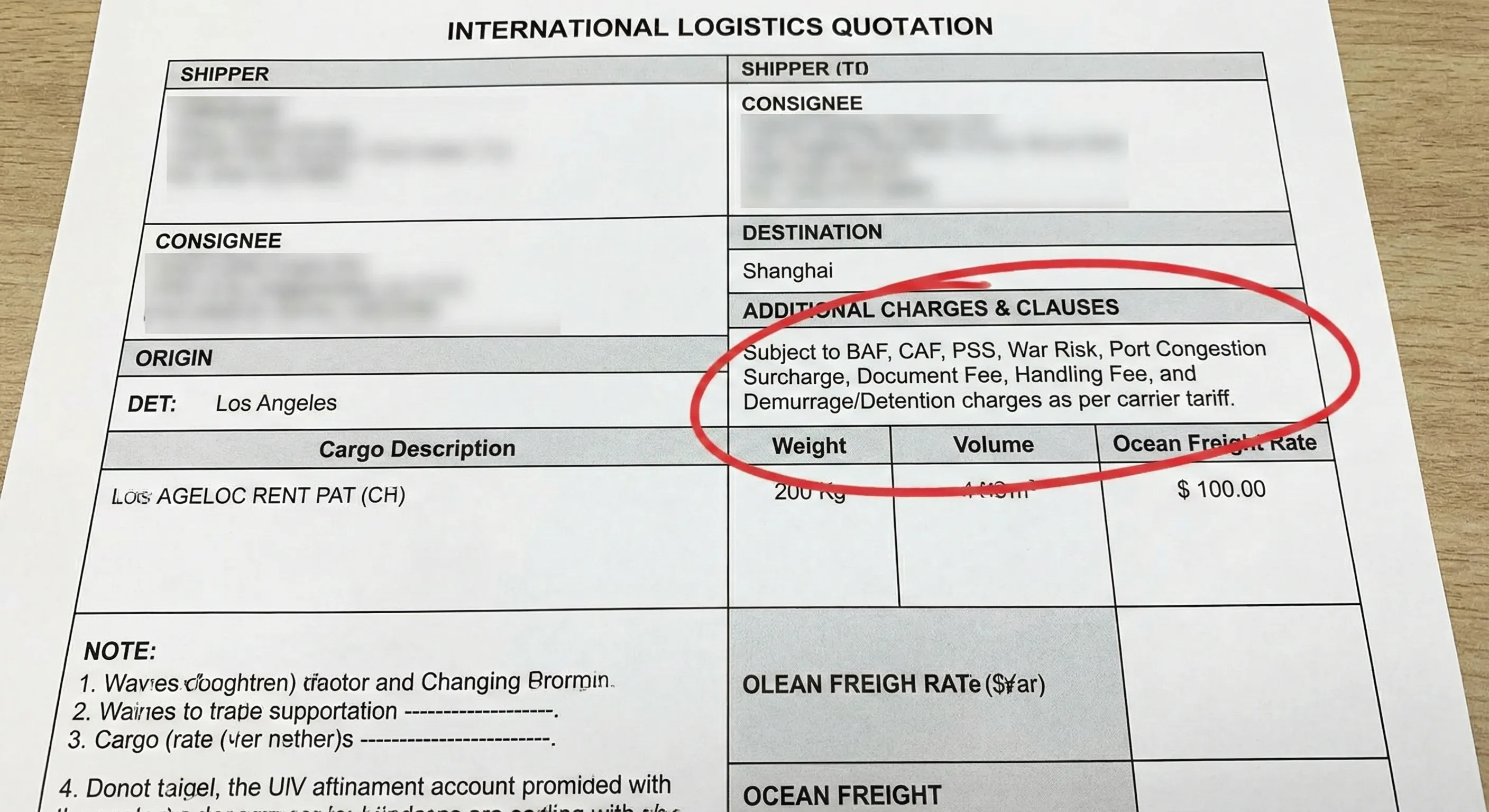 一张典型的国际物流报价单结构图，红圈标注出了容易被忽视的附加费条款