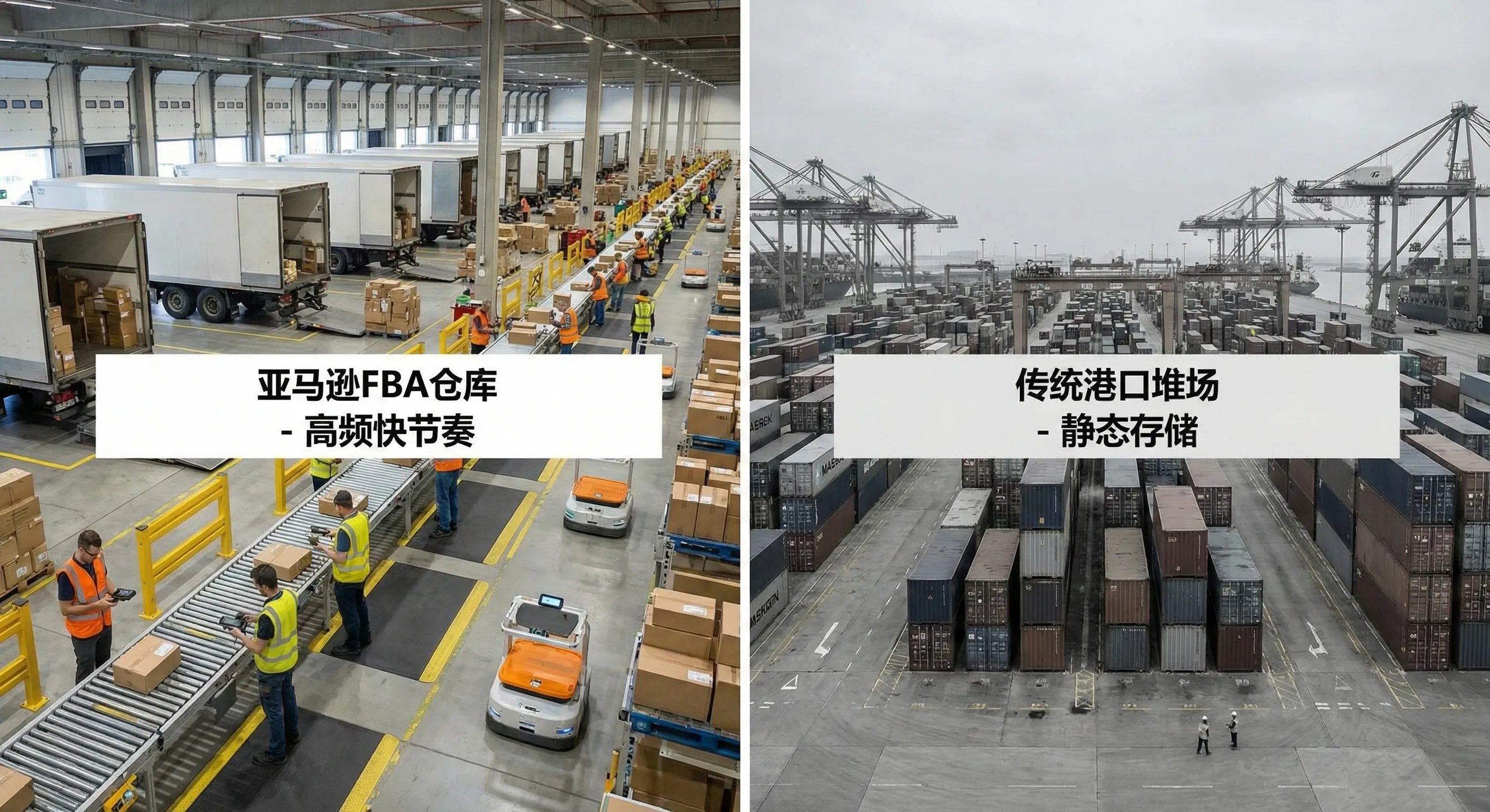 亚马逊FBA仓库繁忙的卸货月台，对比传统港口堆场的静态存储，展示两者物流节奏的巨大差异
