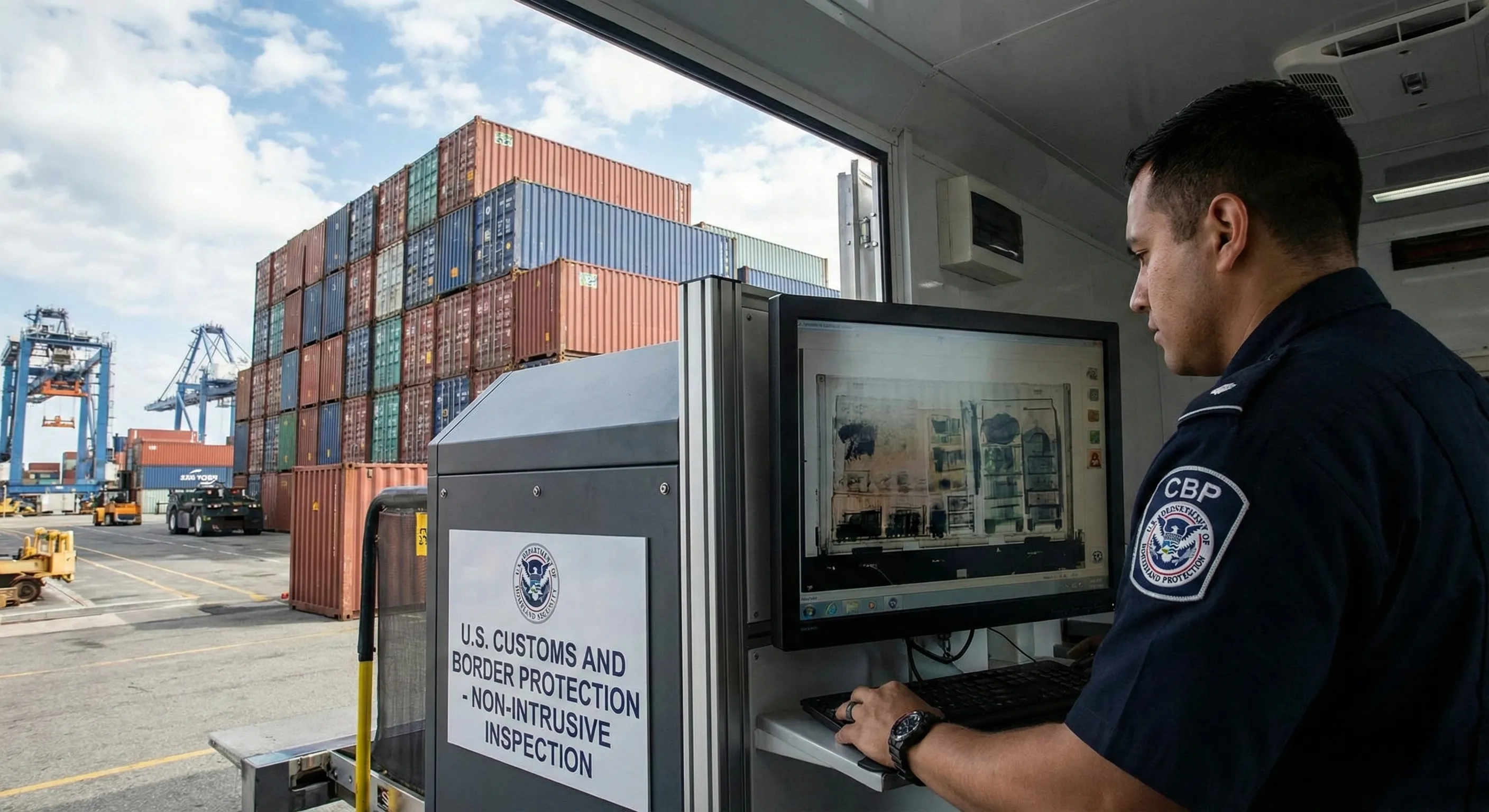 美国海关CBP官员正在进行X光查验，背景是堆积如山的集装箱，象征着合规清关的严峻挑战
