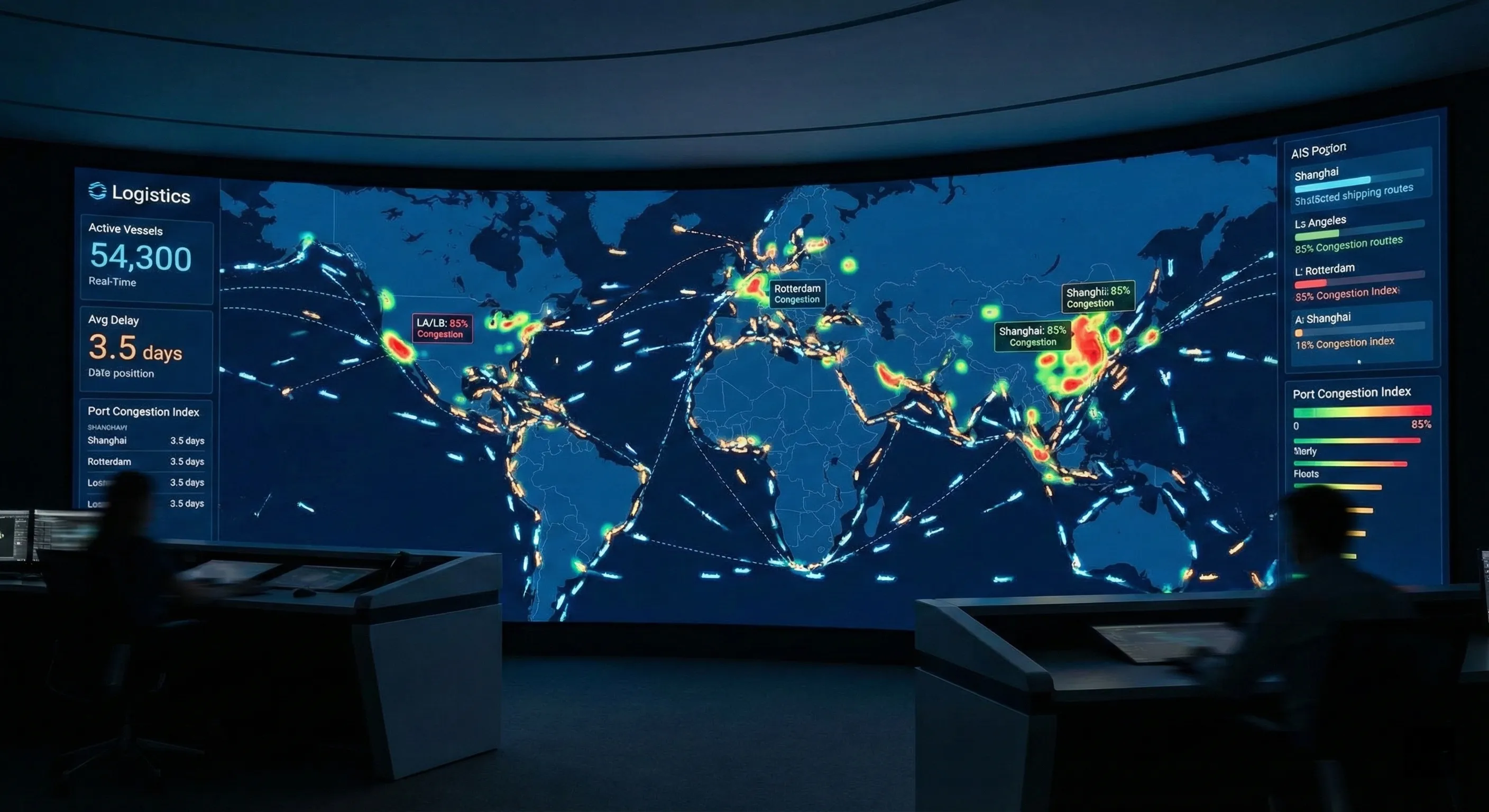 现代化的物流可视化大屏，展示着全球船舶的实时AIS定位、航线预测及港口拥堵指数