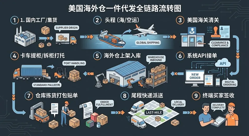 美国海外仓一件代发全链路流转图：1.国内工厂/集货 -> 2.头程(海/空运) -> 3.美国海关清关 -> 4.卡车提柜/拆柜打托 -> 5.海外仓上架入库 -> 6.系统API接单 -> 7.仓库拣货打包贴单 -> 8.尾程快递派送 -> 9.终端买家签收