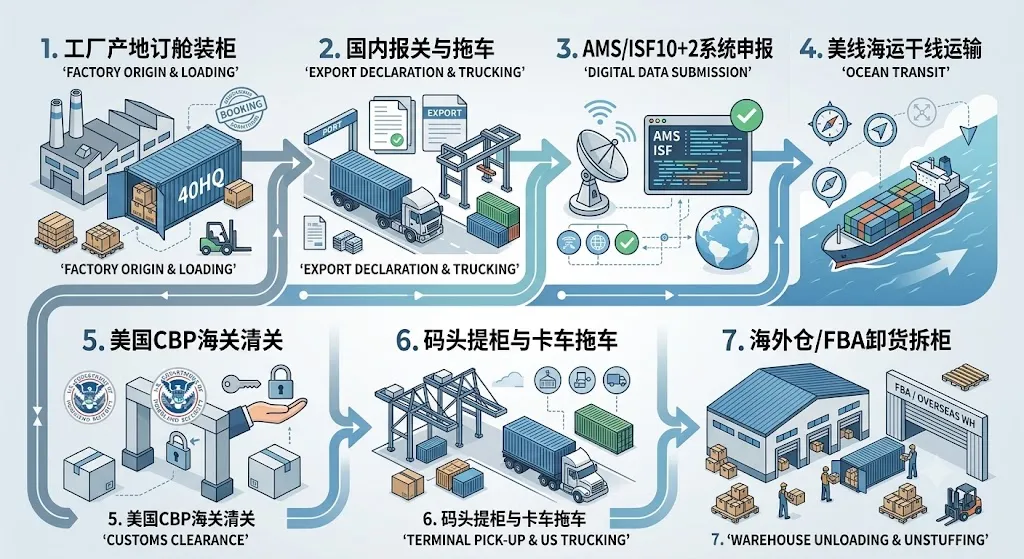 中国到美国整柜海运（FCL）全流程流转图：1.工厂产地订舱装柜 -> 2.国内报关与拖车 -> 3.AMS/ISF10+2系统申报 -> 4.美线海运干线运输 -> 5.美国CBP海关清关 -> 6.码头提柜与卡车拖车 -> 7.海外仓/FBA卸货拆柜