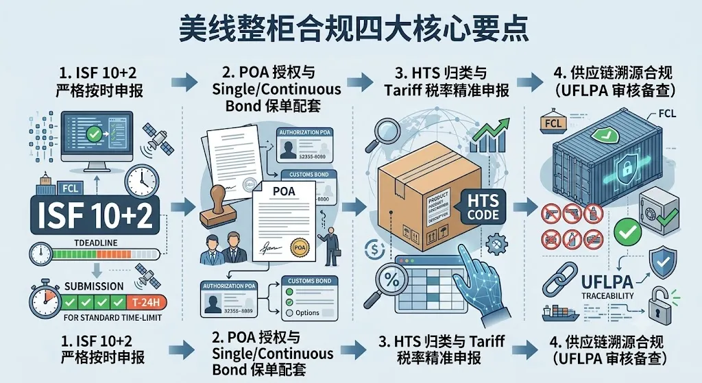 美线整柜合规四大核心要点：1.ISF 10+2 严格按时申报 -> 2.POA 授权与 Single/Continuous Bond 保单配套 -> 3.HTS 归类与 Tariff 税率精准申报 -> 4.供应链溯源合规 (UFLPA 审核备查)