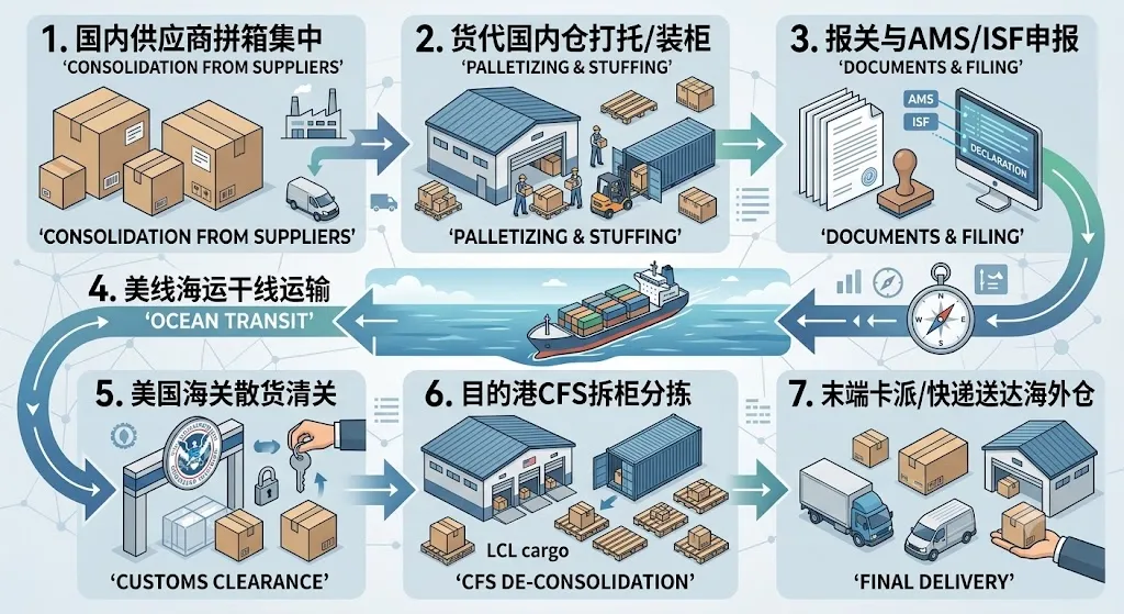 中国到美国海运拼箱（LCL）全流程流转图：1.国内供应商拼箱集中 -> 2.货代国内仓打托/装柜 -> 3.报关与AMS/ISF申报 -> 4.美线海运干线运输 -> 5.美国海关散货清关 -> 6.目的港CFS拆柜分拣 -> 7.末端卡派/快递送达海外仓
