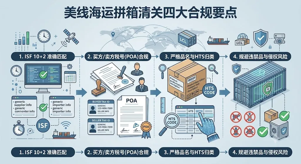 美线海运拼箱清关四大合规要点：1.ISF 10+2 准确匹配 -> 2.买方/卖方税号(POA)合规 -> 3.严格品名与HTS归类 -> 4.规避违禁品与侵权风险