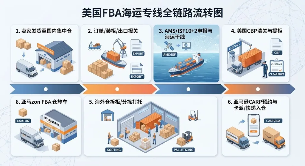 美国FBA海运专线全链路流转图：1.卖家发货至国内集中仓 -> 2.订舱/装柜/出口报关 -> 3.AMS/ISF10+2申报与海运干线 -> 4.美国CBP清关与提柜 -> 5.海外仓拆柜/分拣打托 -> 6.亚马逊CARP预约与卡派/快递入仓