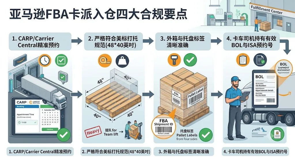 亚马逊FBA卡派入仓四大合规要点：1.CARP/Carrier Central精准预约 -> 2.严格符合美标打托规范(48*40英吋) -> 3.外箱与托盘标签清晰准确 -> 4.卡车司机持有有效BOL与ISA预约号